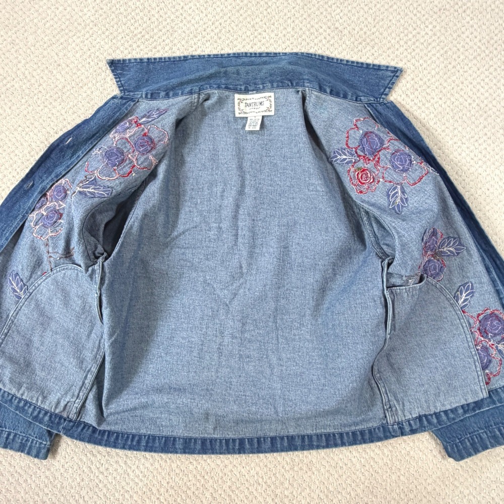 Floral Denim Chore Jacket VTG Tantrums Women SM Cottage Grandma Artsy Shacket - Picture 9 of 11